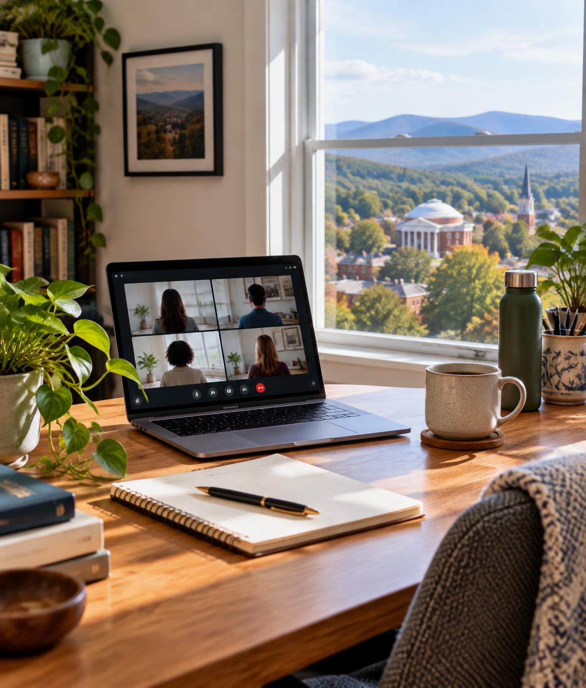 A virtual consultation set up on a desk overlooking the Virginia countryside