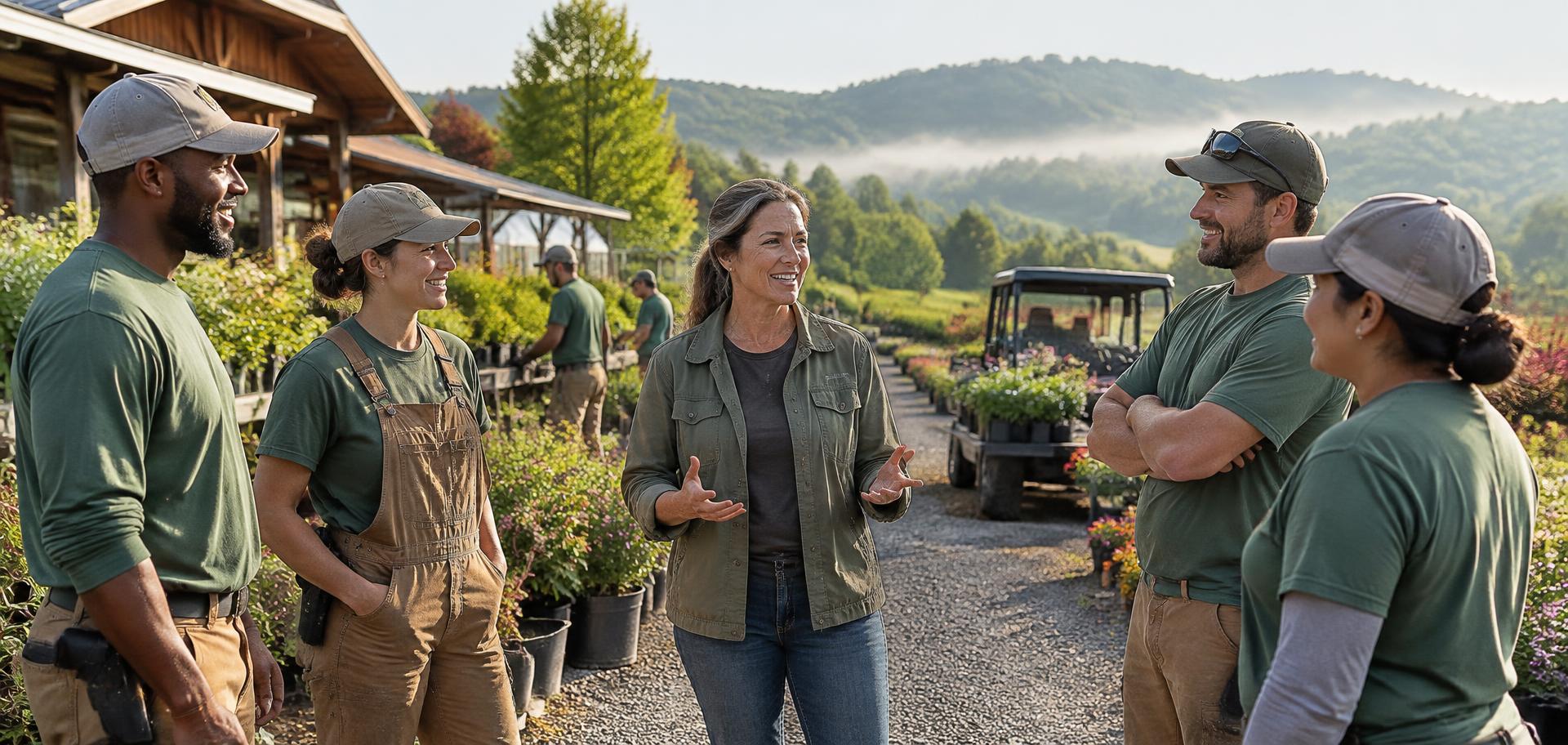 A business owner talking with her seasonal nursery crew outdoors